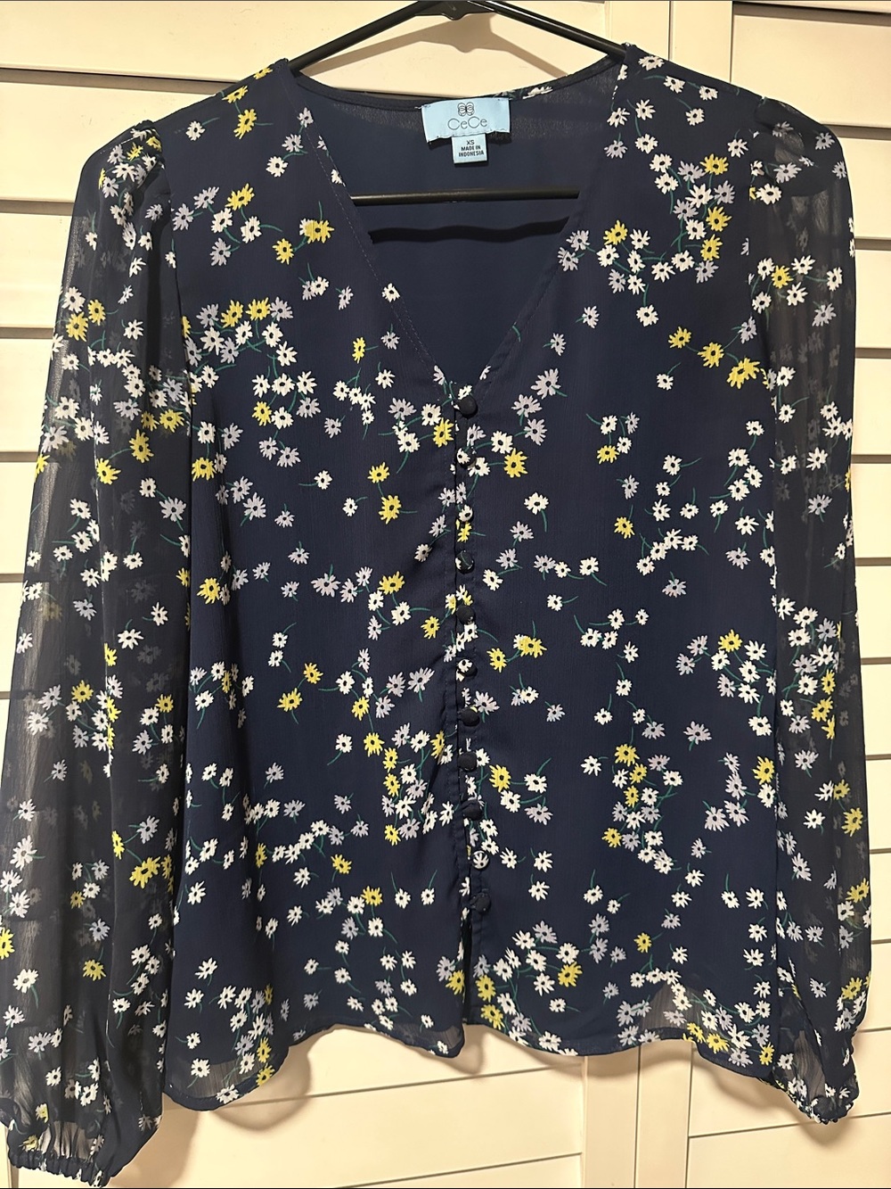 CeCe Navy Floral V-Neck Button-Down Blouse